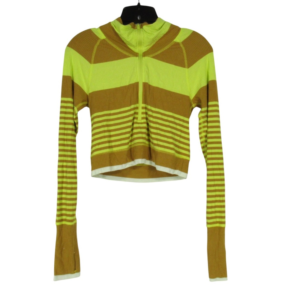 FP MOVEMENT Brown/Green RIBBED KNIT Zip Neck THUMB HOLES Finish Line Crop Top S